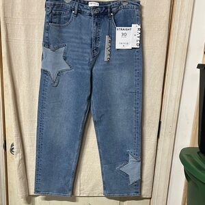 Frayed Denim Star Patch Jeans - Blue